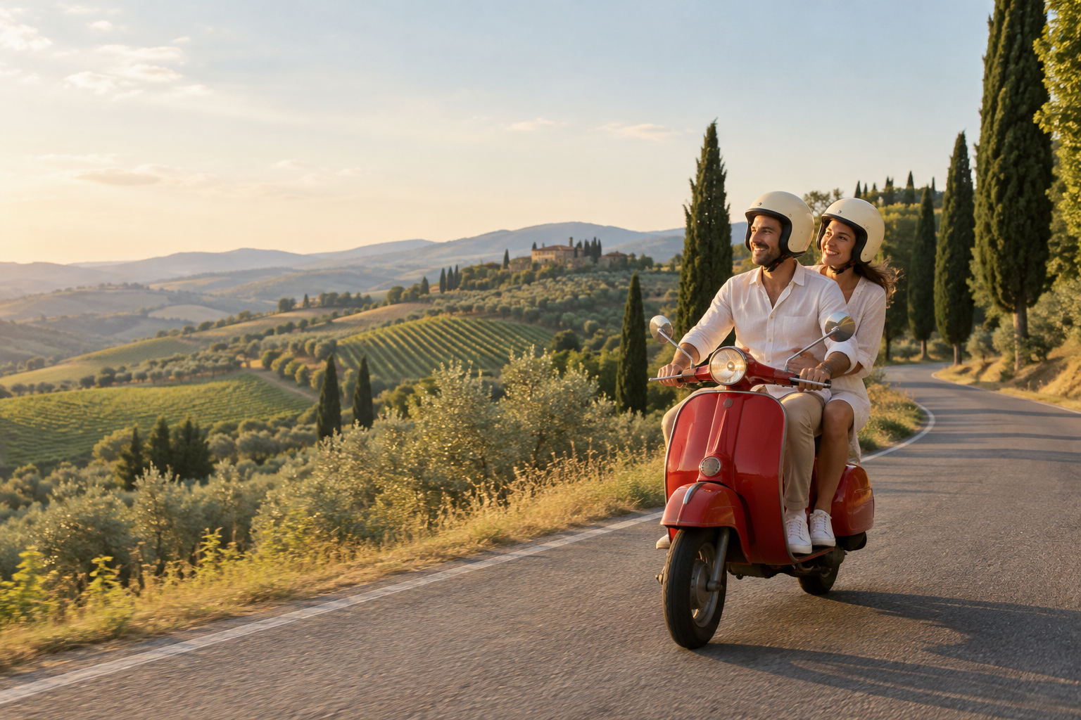 Couple riding a Vespa on a country road in the hills near Lucca