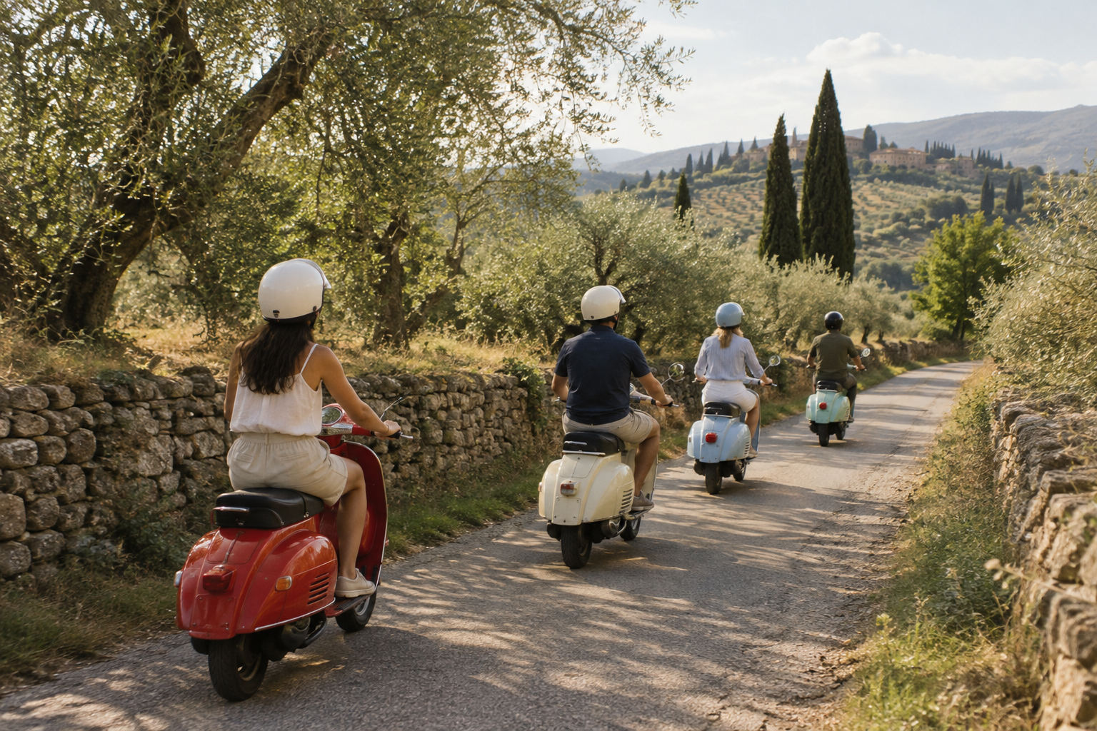 Group of Vespas on a country lane among olive trees