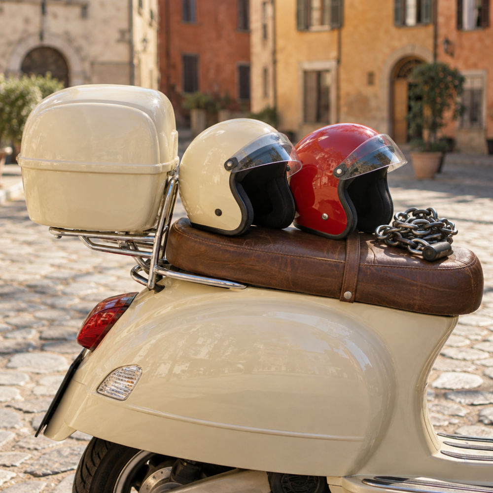 Helmets and top box on a Vespa